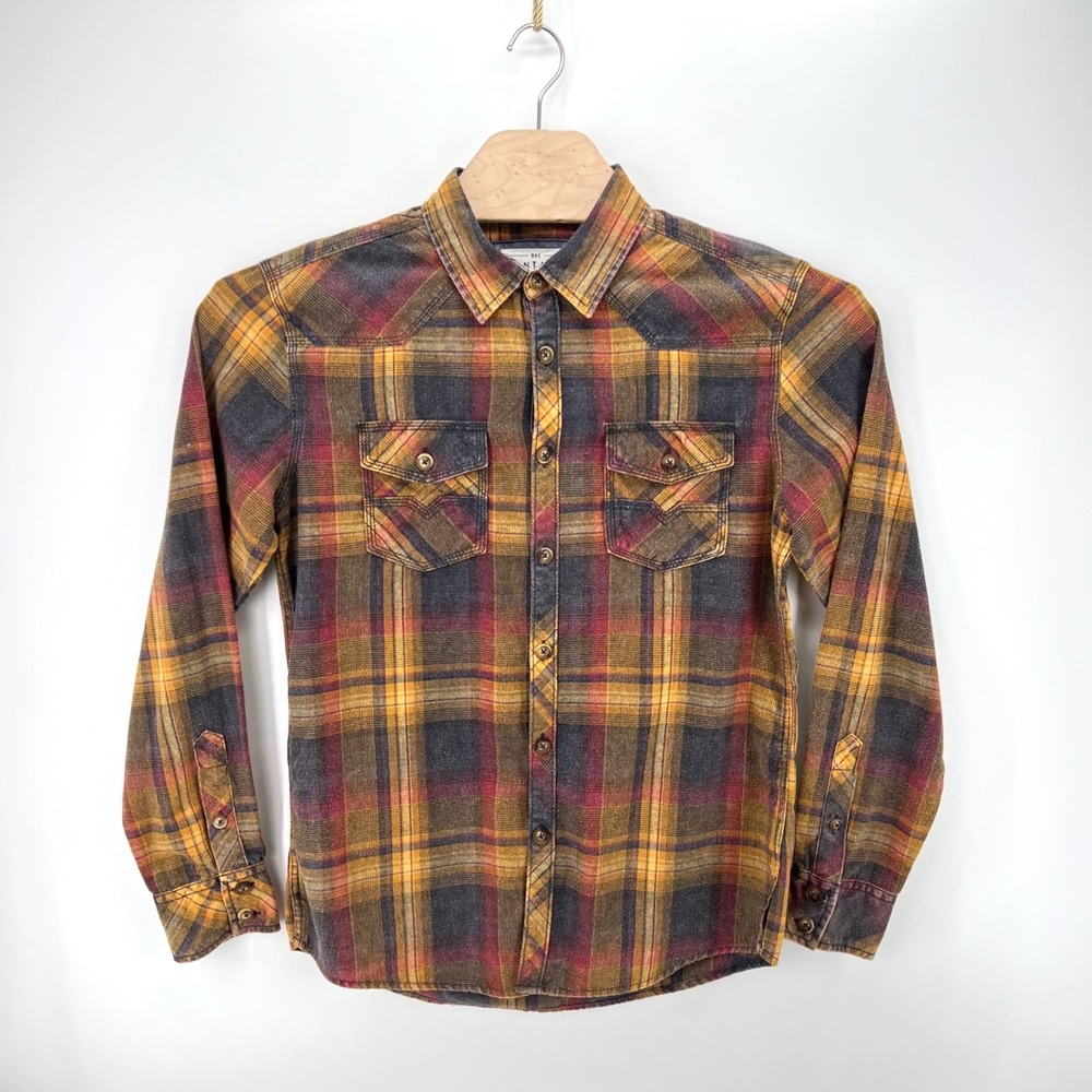 BKE Vintage Western Plaid Flannel Size M Cotton Orange Grey Athletic Fit LS